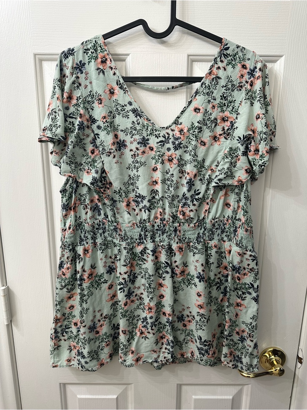 Torrid Top Floral Blouse Mint Green Coral Elastic Waist Peplum Open Back 2X